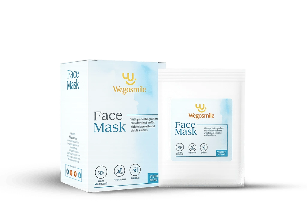 Wegosmile Face Mask packaging box and sachet with moisturizing and calming icons displayed.