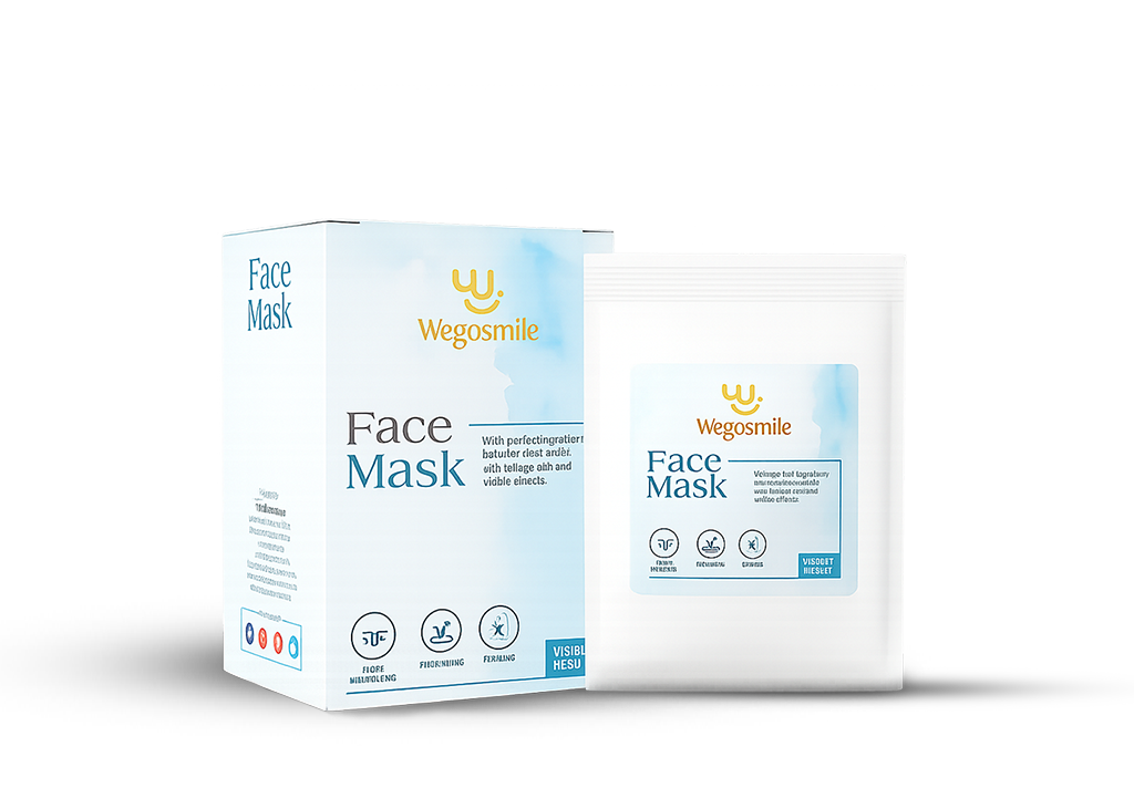 Wegosmile Face Mask packaging box and sachet with moisturizing and calming icons displayed.
